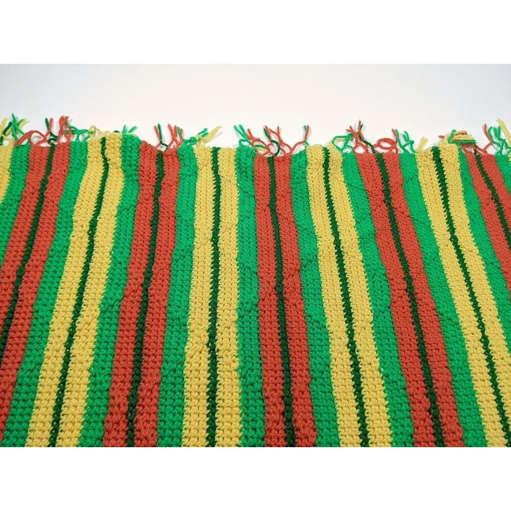 Handmade‎ Crochet Throw Blanket Afghan – Orange Yellow Green Striped w/ Fringe